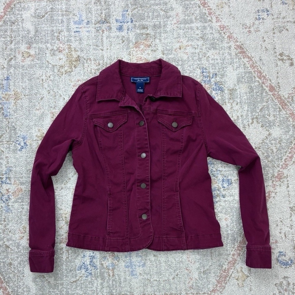Charter Club Women's M Denim Jacket Rich Wine Moto Vibe Streetwear Indie Sleaze